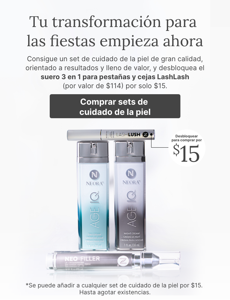 Holiday skincare promotion featuring LashLash 3-in-1 Lash & Brow Serum on a clear dish with gel, highlighting limited-time $15 offer ($114 value) when purchased with qualifying skincare sets.